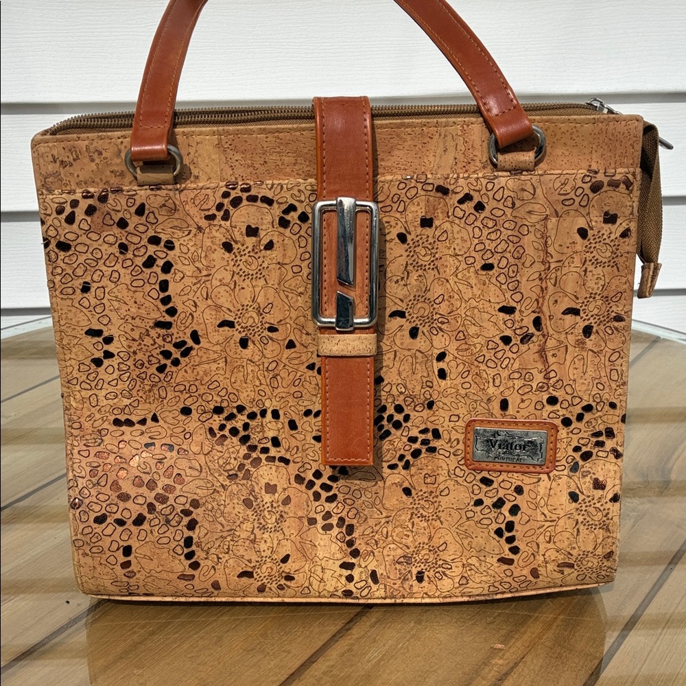 Viator made in Portugal  Cork Tan Floral Embossed Tote Bag with Leather Trim